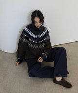 【11月下旬予約商品】ノルディック柄ハーフジップニットプルオーバー
