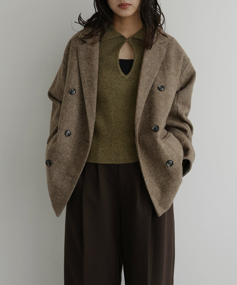 襟付キーネックニットプルオーバー