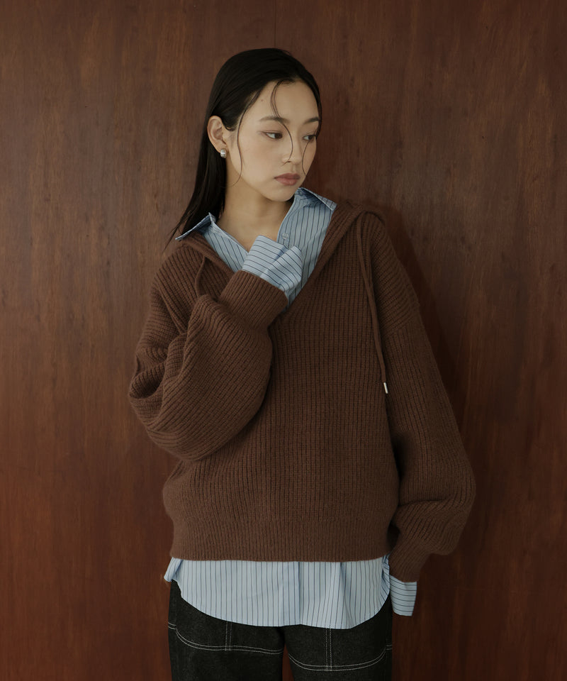 フード付きニットプルオーバー