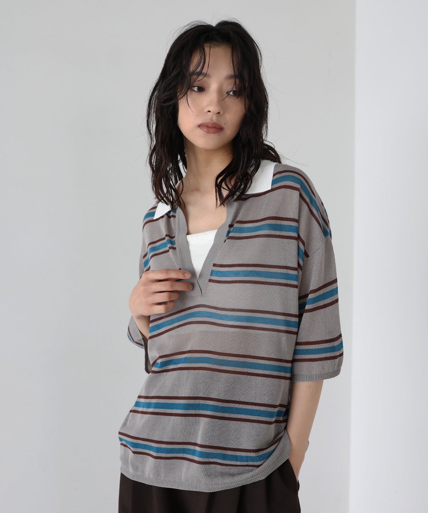 ボタンポロニットトップス ボーダーポロニットトップス – hellam