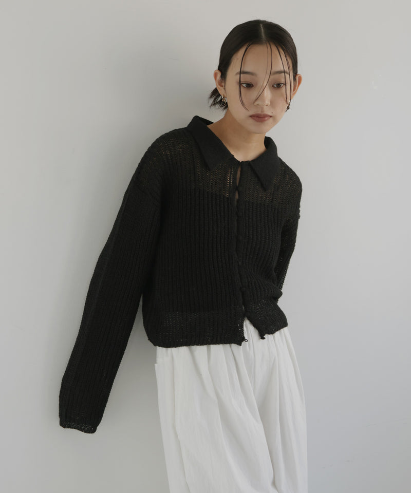 透かし編みポロニットプルオーバー
