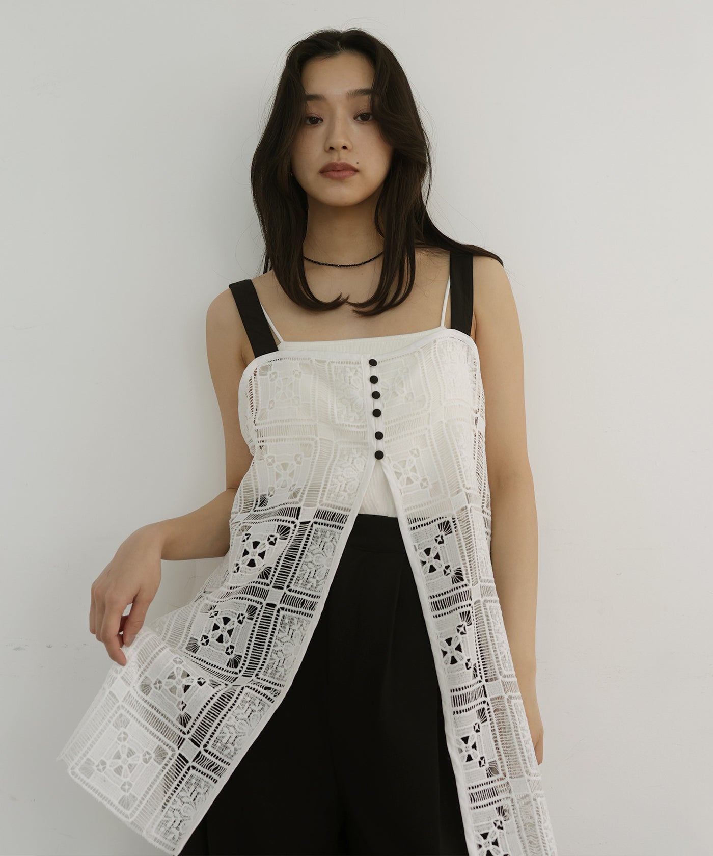 3D Embroideryチュニックキャミ ホワイト クロシェレース配色チュニックキャミ – hellam