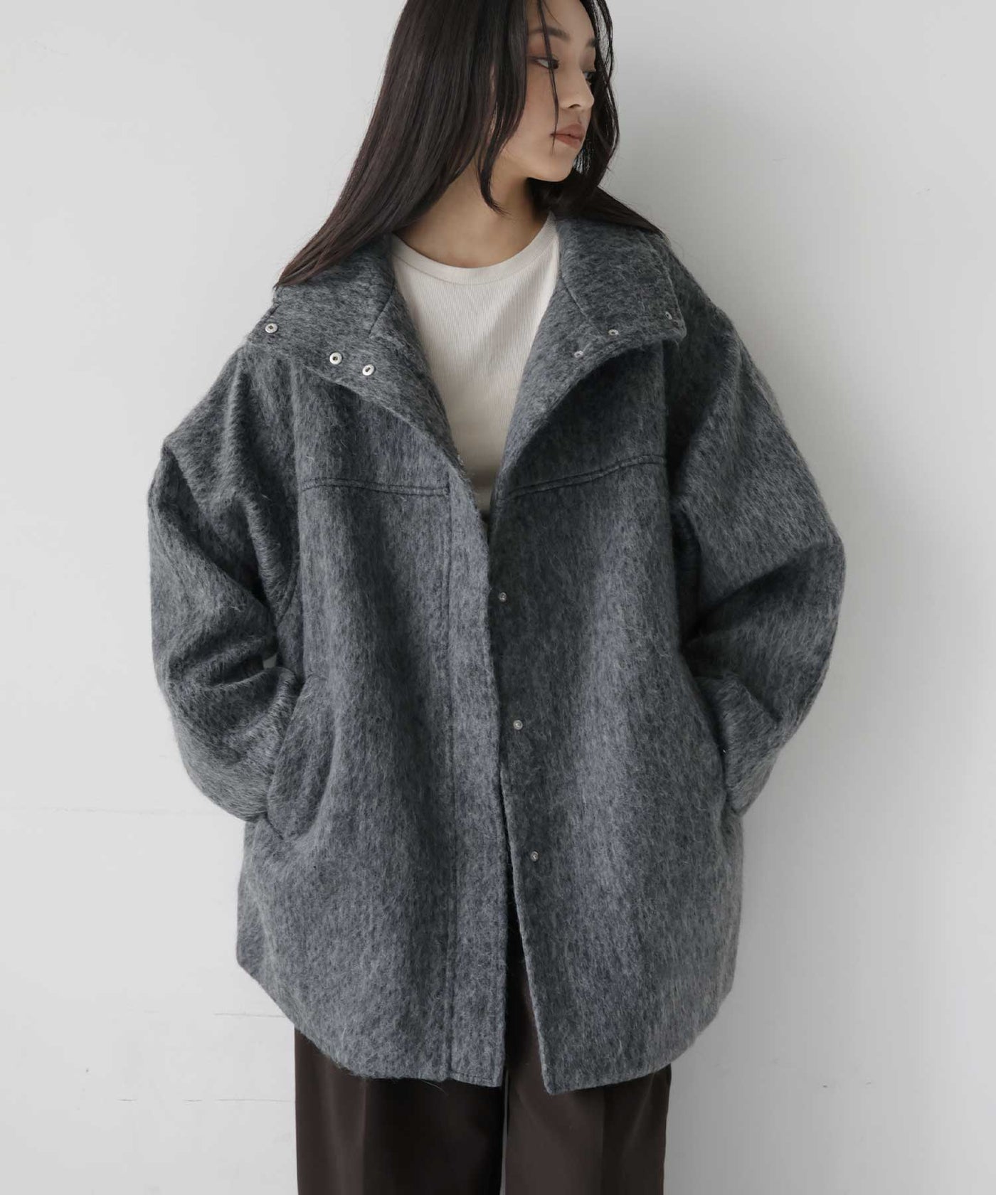10月中旬予約商品】シャギースタンドカラーコート – hellam