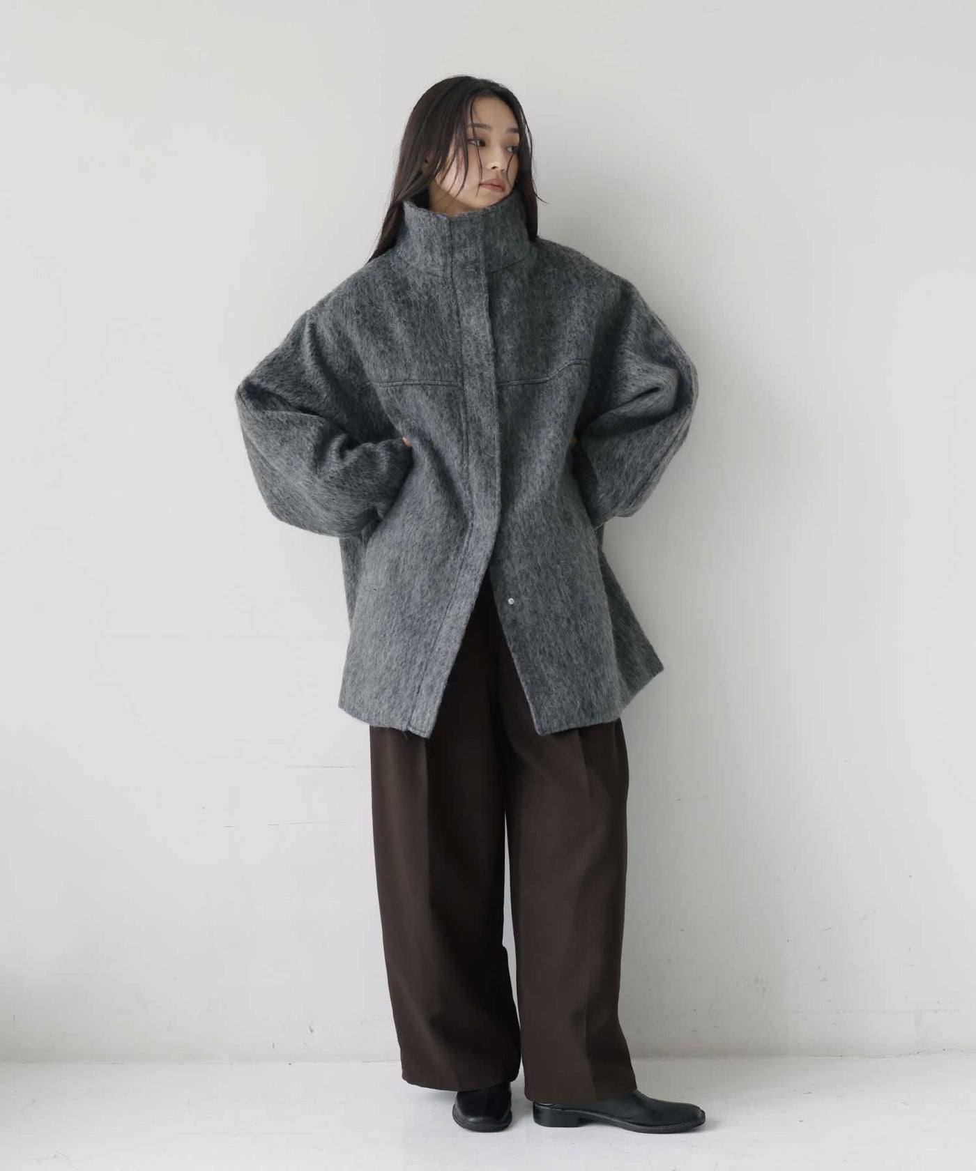 10月中旬予約商品】シャギースタンドカラーコート – hellam