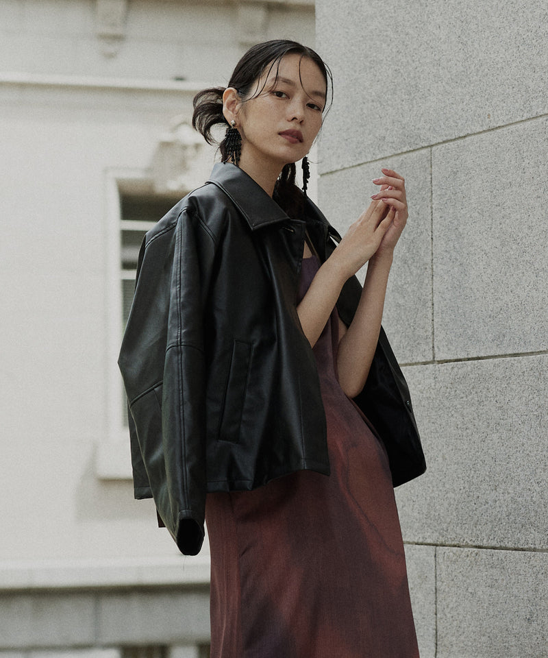 襟ボアフェイクレザー中綿ブルゾン