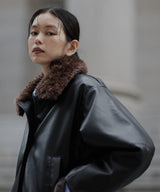 襟ボアフェイクレザー中綿ブルゾン