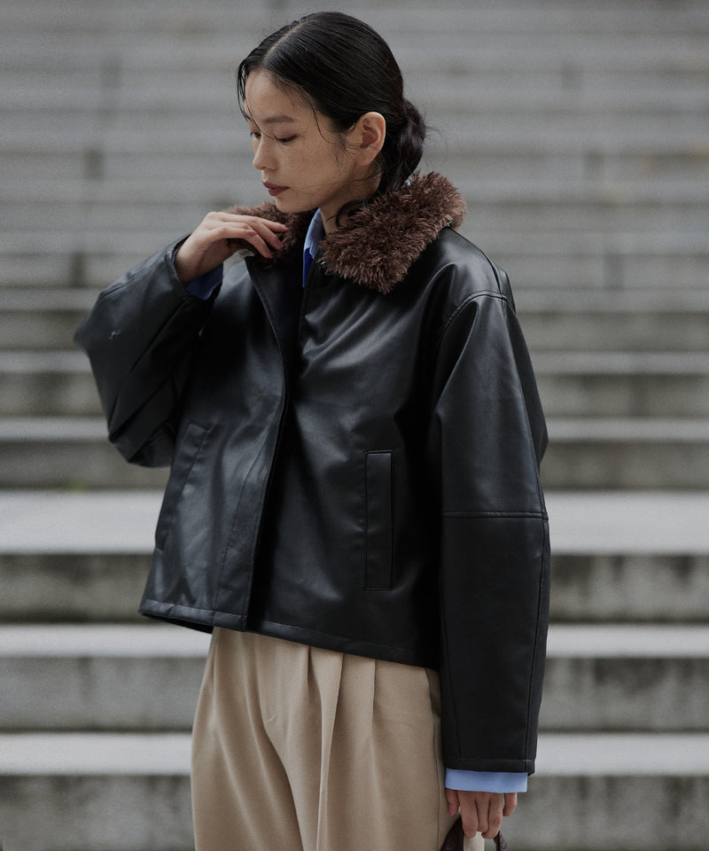 襟ボアフェイクレザー中綿ブルゾン