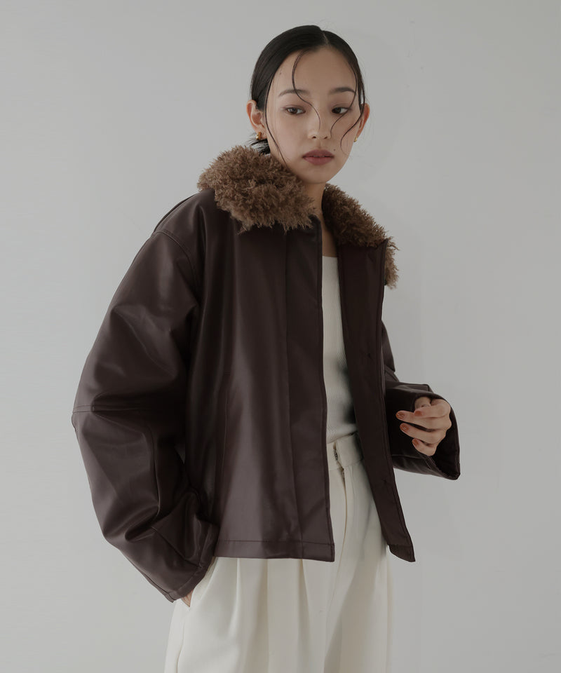 襟ボアフェイクレザー中綿ブルゾン