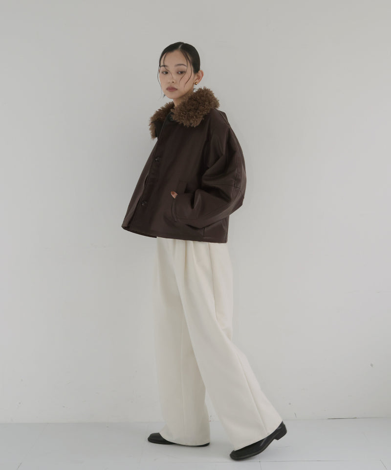 襟ボアフェイクレザー中綿ブルゾン