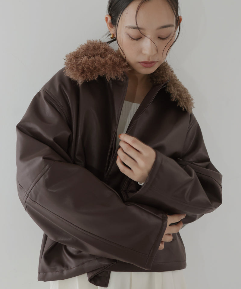 襟ボアフェイクレザー中綿ブルゾン