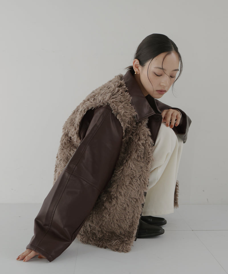 襟ボアフェイクレザー中綿ブルゾン