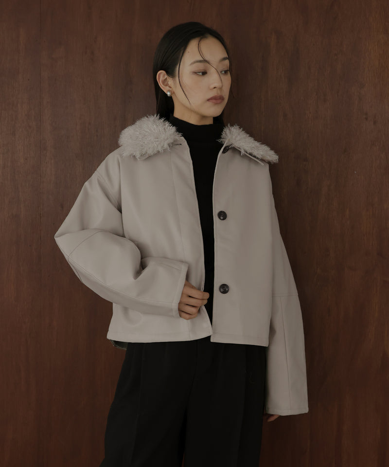 襟ボアフェイクレザー中綿ブルゾン