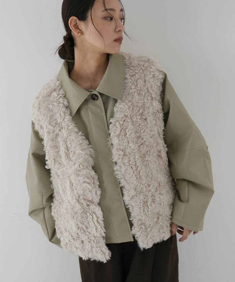 襟ボアフェイクレザー中綿ブルゾン