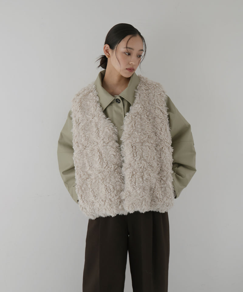 襟ボアフェイクレザー中綿ブルゾン