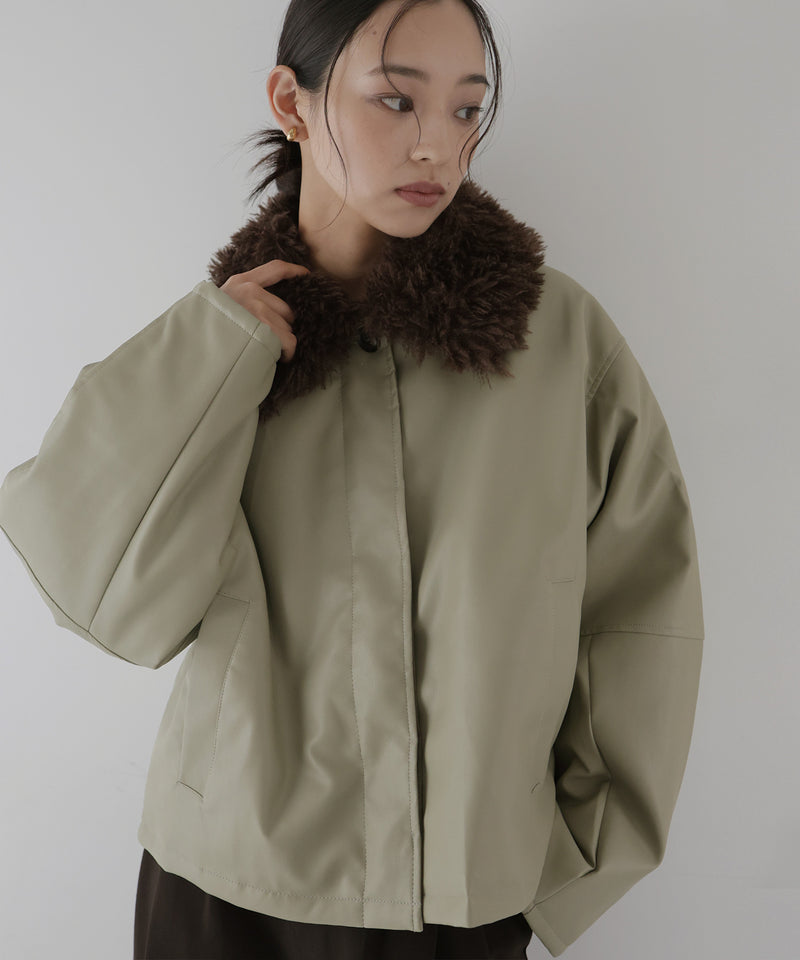 襟ボアフェイクレザー中綿ブルゾン