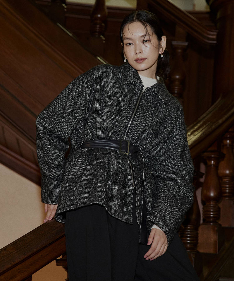 ベルト付きツイードペプラムジャケット