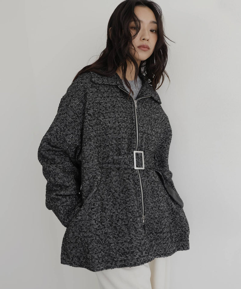 ベルト付きツイードペプラムジャケット