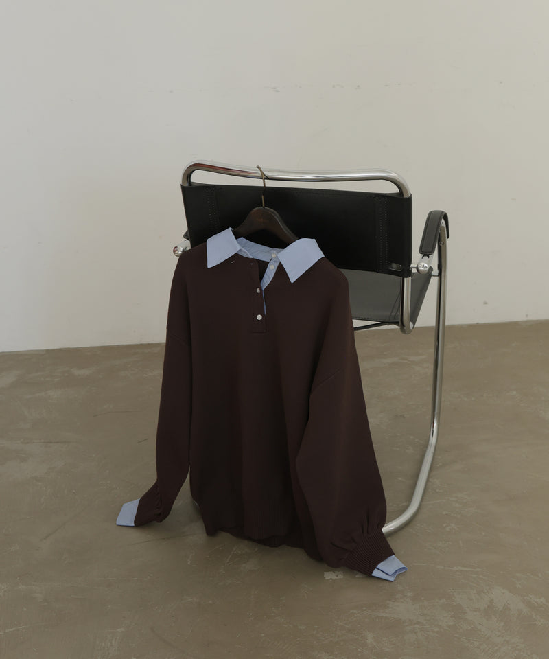 フェイクレイヤード シャツ襟ニットポロ